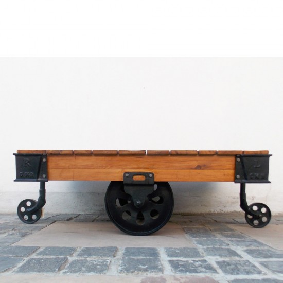 Industrial Cart Coffee Table on Wheels with Rugged Industrial Elements