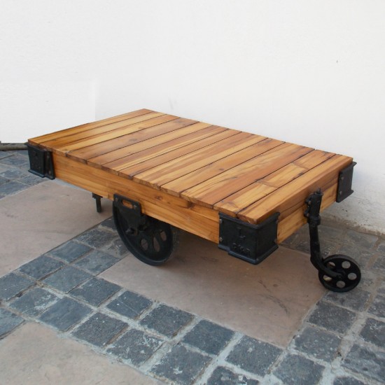 Industrial Cart Coffee Table on Wheels with Rugged Industrial Elements