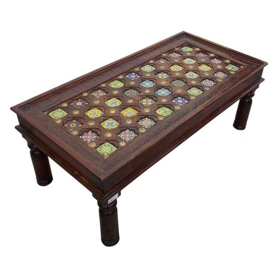 Ceramic Tile Art & Brass Fitted Hand Carved Wooden Table 47 x 24 (Inches)
