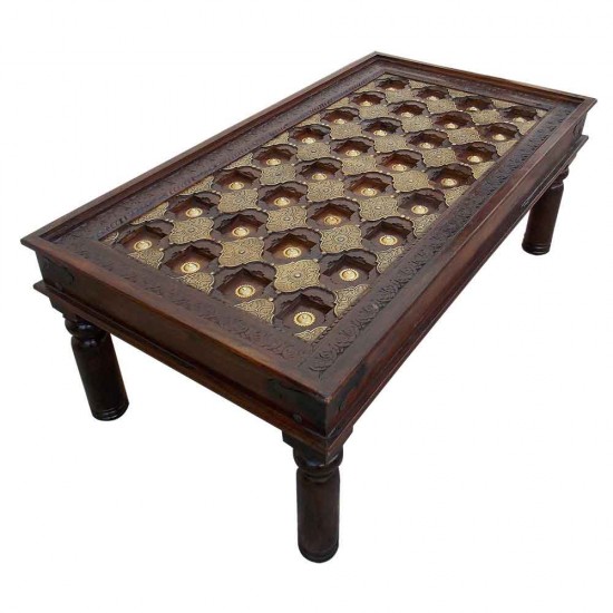Wooden Center Table  Rectangular Hand Carved Embellished with Embossed Brass Artwork 47 x 26 (Inches)
