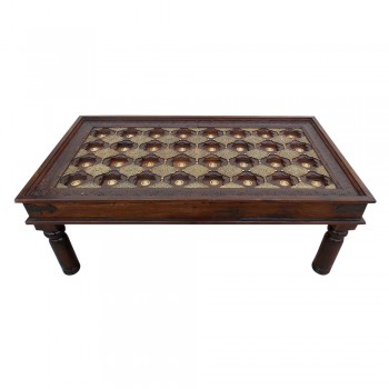 Wooden Center Table  Rectangular Hand Carved Embellished with Embossed Brass Artwork 47 x 26 (Inches)