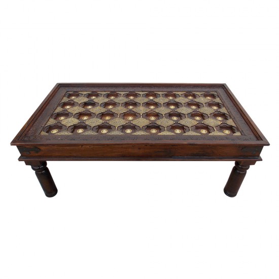 Wooden Center Table Rectangular Hand Carved Embellished with Embossed Brass Artwork 47 x 26 (Inches) Wooden Center Table Rectangular Hand Carved Embellished with Embossed Brass Artwork 47 x 26 (Inches)