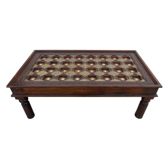 Wooden Center Table  Rectangular Hand Carved Embellished with Embossed Brass Artwork 47 x 26 (Inches)