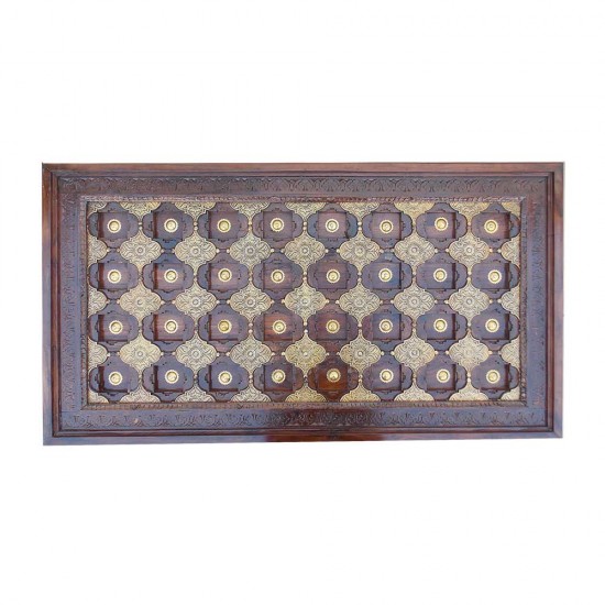 Wooden Center Table  Rectangular Hand Carved Embellished with Embossed Brass Artwork 47 x 26 (Inches)