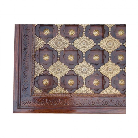 Wooden Center Table  Rectangular Hand Carved Embellished with Embossed Brass Artwork 47 x 26 (Inches)