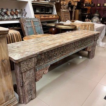 Antique finish carved wooden bench with detailed floral and geometric motifs