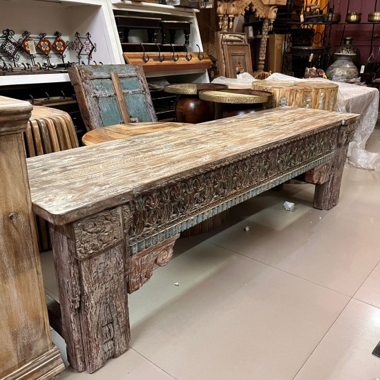 Antique finish carved wooden bench with detailed floral and geometric motifs Antique finish carved wooden bench with detailed floral and geometric motifs