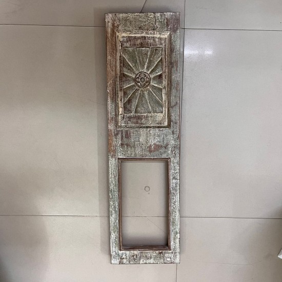 Reclaimed old wooden single window panel converted into rustic wall mirror with distressed vintage finish