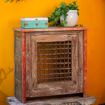 Old wood console table with iron jali front grill – reclaimed wood side table