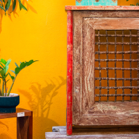 Old wood console table with iron jali front grill – reclaimed wood side table Old wood console table with iron jali front grill – reclaimed wood side table