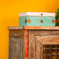 Old wood console table with iron jali front grill – reclaimed wood side table Old wood console table with iron jali front grill – reclaimed wood side table