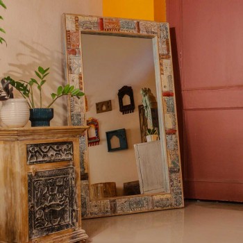 Handmade reclaimed wood mosaic carving wall mirror rustic Indian handicraft