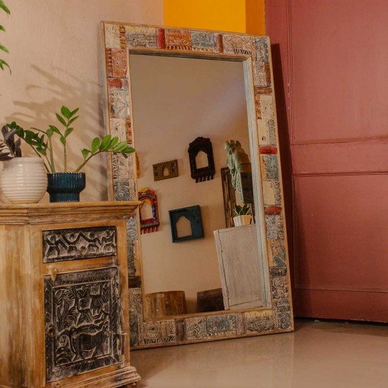Handmade reclaimed wood mosaic carving wall mirror rustic Indian handicraft