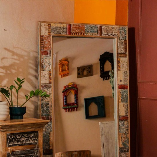 Handmade reclaimed wood mosaic carving wall mirror rustic Indian handicraft