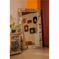 Handmade reclaimed wood mosaic carving wall mirror rustic Indian handicraft