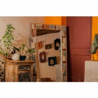 Handmade reclaimed wood mosaic carving wall mirror rustic Indian handicraft