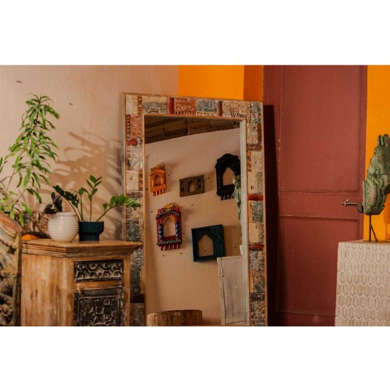 Handmade reclaimed wood mosaic carving wall mirror rustic Indian handicraft