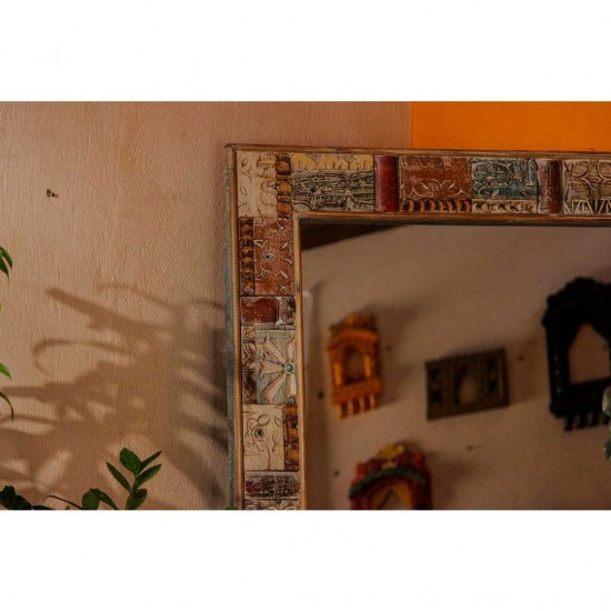 Handmade reclaimed wood mosaic carving wall mirror rustic Indian handicraft