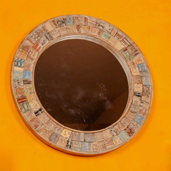 Round mosaic carved wooden wall mirror with colorful hand-carved frame