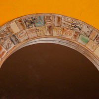 Round mosaic carved wooden wall mirror with colorful hand-carved frame