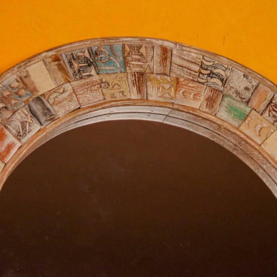 Round mosaic carved wooden wall mirror with colorful hand-carved frame