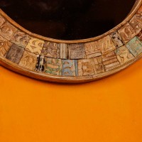 Round mosaic carved wooden wall mirror with colorful hand-carved frame