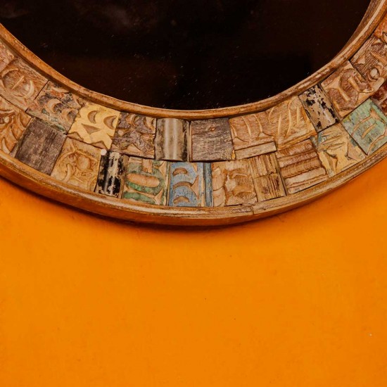 Round mosaic carved wooden wall mirror with colorful hand-carved frame