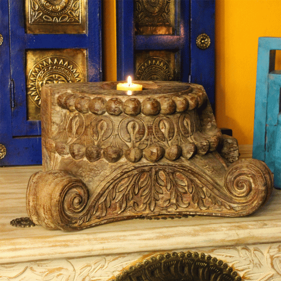 Hand-carved reclaimed wooden candle stand with rustic finish Hand-carved reclaimed wooden candle stand with rustic finish