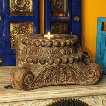 Hand-carved reclaimed wooden candle stand with rustic finish