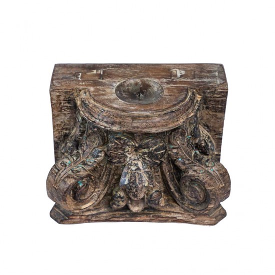 Antique Floral Carved Wooden Block Candle Stand 