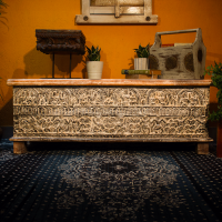 Antique white carved wooden chest box – vintage storage trunk front view Antique white carved wooden chest box – vintage storage trunk front view