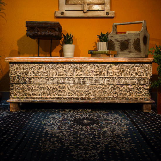 Antique white carved wooden chest box – vintage storage trunk front view Antique white carved wooden chest box – vintage storage trunk front view