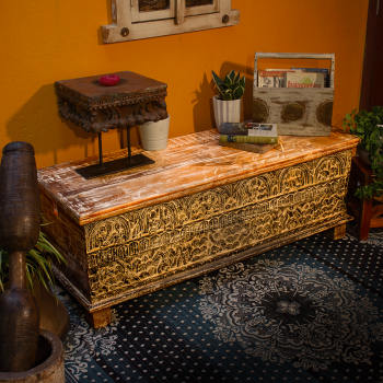 Antique white carved wooden chest box – vintage storage trunk front view