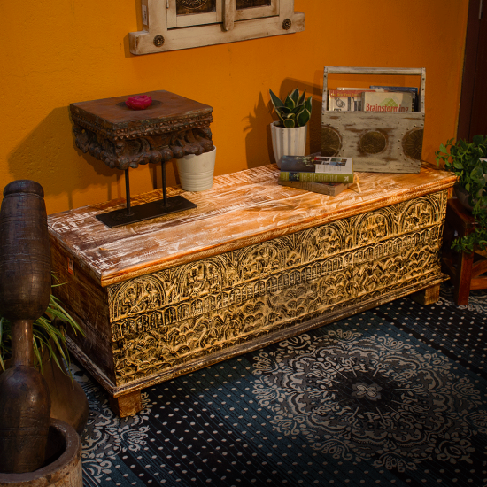 Antique white carved wooden chest box – vintage storage trunk front view Antique white carved wooden chest box – vintage storage trunk front view
