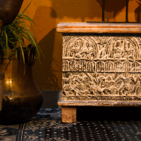 Antique white carved wooden chest box – vintage storage trunk front view Antique white carved wooden chest box – vintage storage trunk front view