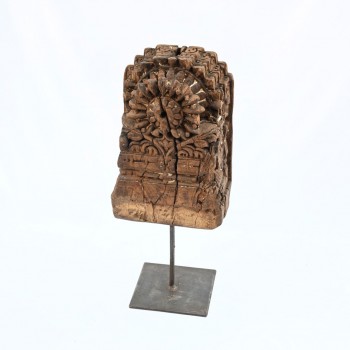 Antique Hand Carved Floral Wooden Block on Iron Stand