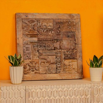 Antique reclaimed wooden mosaic wall panel made from old carved printing blocks for rustic heritage decor
