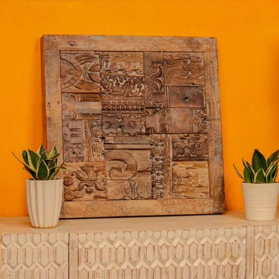 Antique reclaimed wooden mosaic wall panel made from old carved printing blocks for rustic heritage decor
