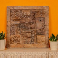 Antique reclaimed wooden mosaic wall panel made from old carved printing blocks for rustic heritage decor