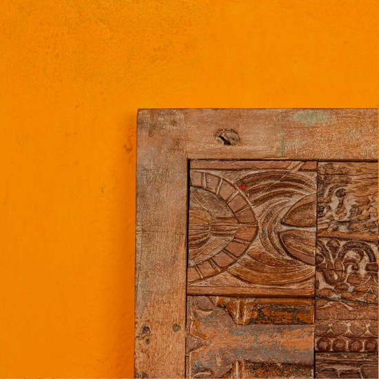 Antique reclaimed wooden mosaic wall panel made from old carved printing blocks for rustic heritage decor