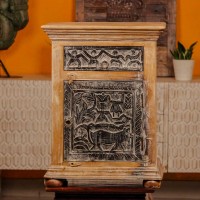 Hand-carved tribal art wooden bedside cabinet with intricate carvings