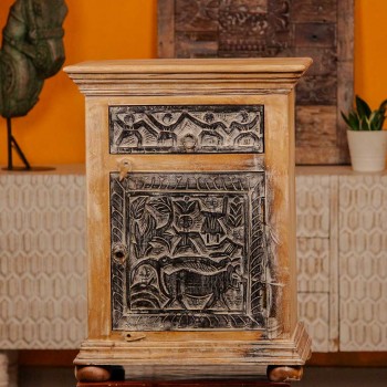 Hand-carved tribal art wooden bedside cabinet with intricate carvings
