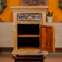 Hand-carved tribal art wooden bedside cabinet with intricate carvings