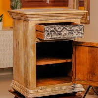 Hand-carved tribal art wooden bedside cabinet with intricate carvings