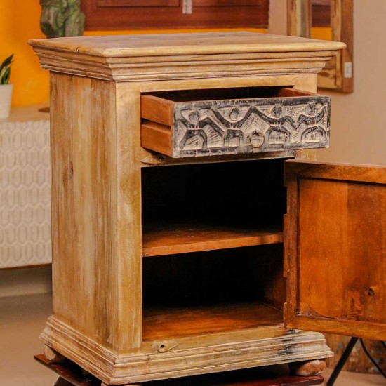 Hand-carved tribal art wooden bedside cabinet with intricate carvings