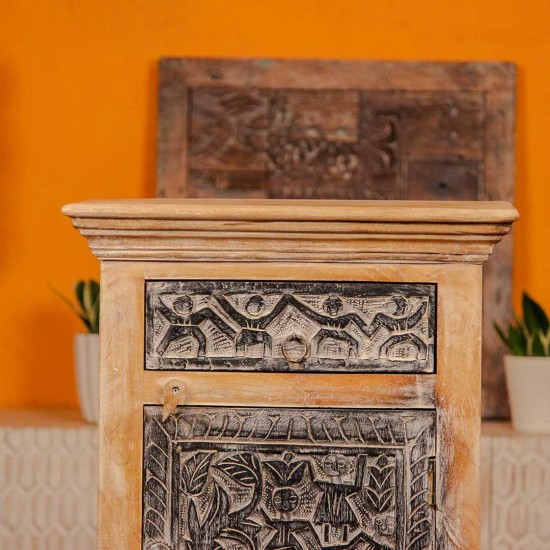 Hand-carved tribal art wooden bedside cabinet with intricate carvings