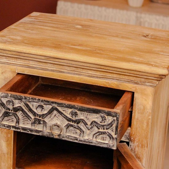 Hand-carved tribal art wooden bedside cabinet with intricate carvings