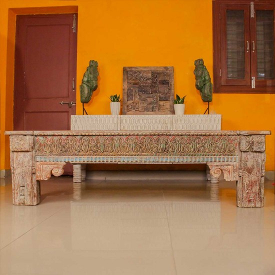 Antique finish carved wooden bench with detailed floral and geometric motifs