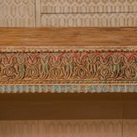 Antique finish carved wooden bench with detailed floral and geometric motifs