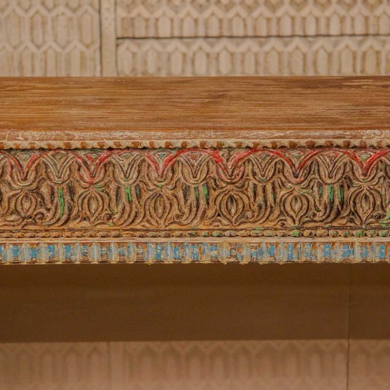 Antique finish carved wooden bench with detailed floral and geometric motifs